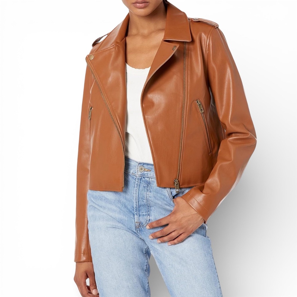 The Drop Heather Moto Jacket Cognac Faux Leather Zip Womens Size L